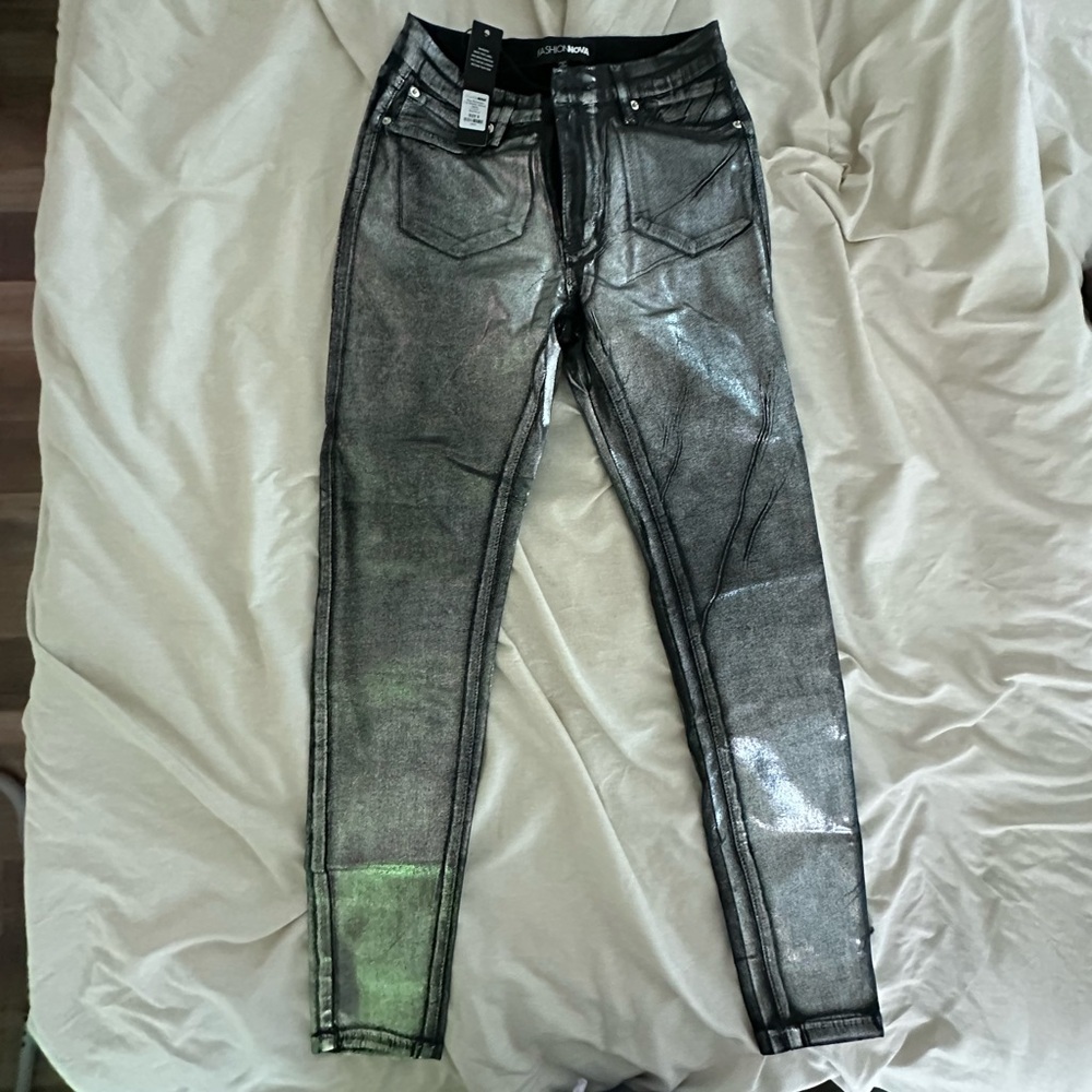Fashion Nova Shimmering Silver Skinny Jeans